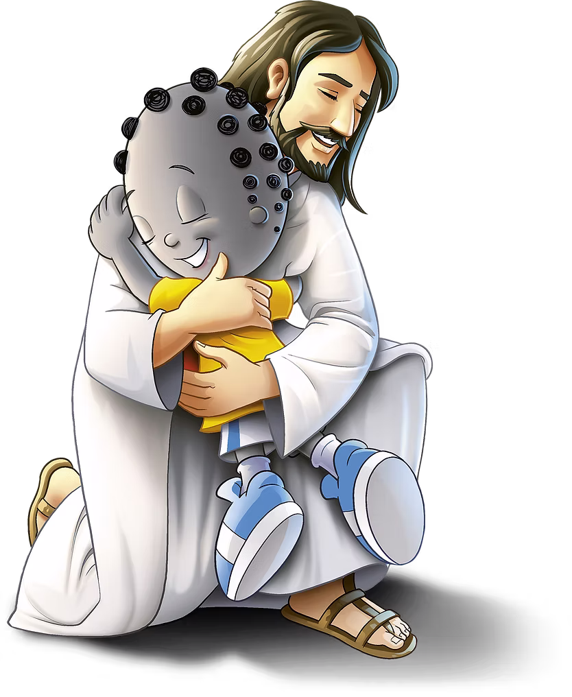 Ilustração do Radicais Kids: Jesus abraçando uma criança