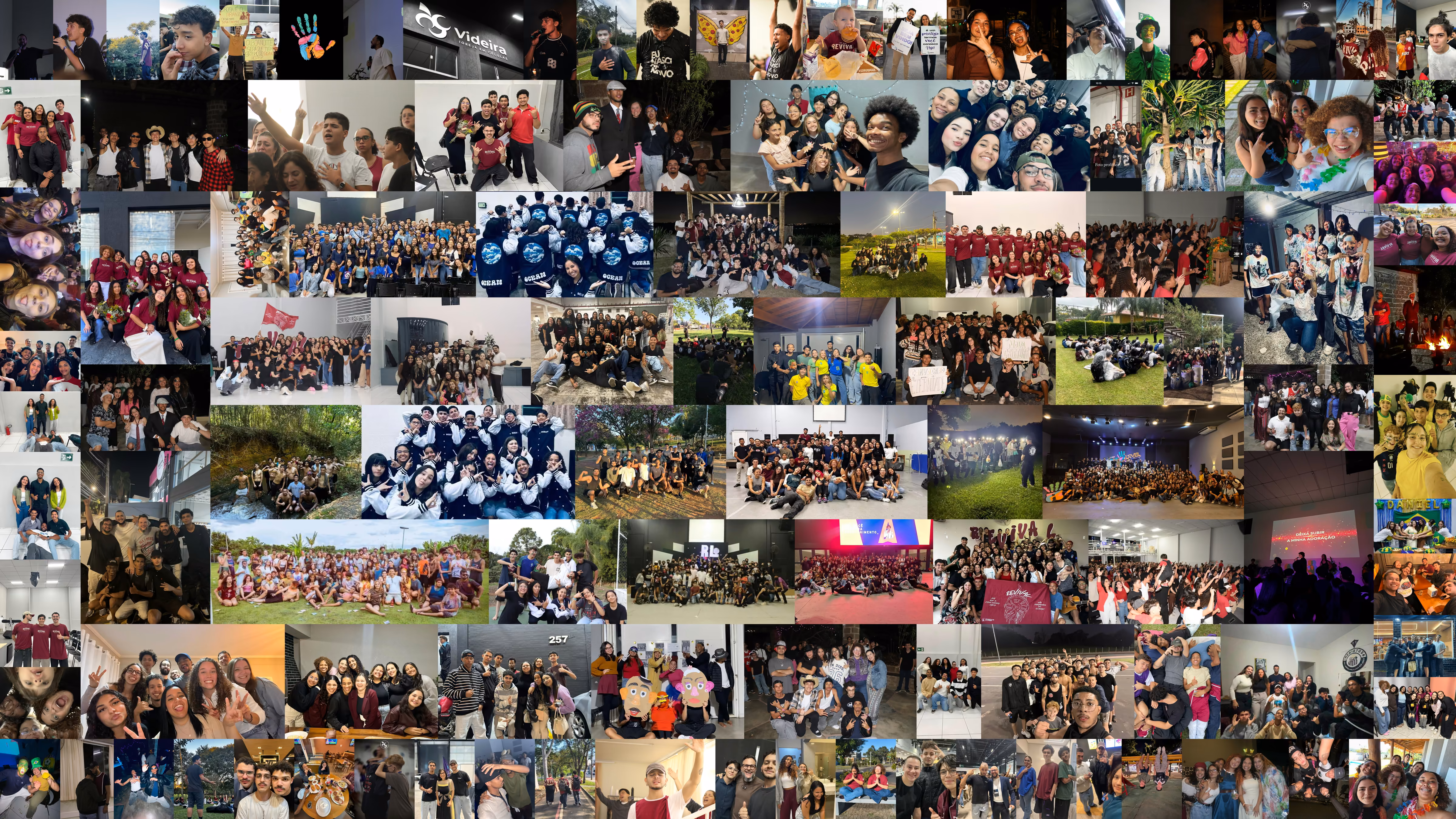 Colagem de centenas de fotos dos Radicais Livres encostadas umas nas outras, sem espaço entre elas: turmas inteiras posando juntas, rodas de amigos abraçados, células reunidas em casas e o grupo todo no palco, com camisetas da rede e um jovem recém-batizado com os dizeres 'eu nasci de novo'